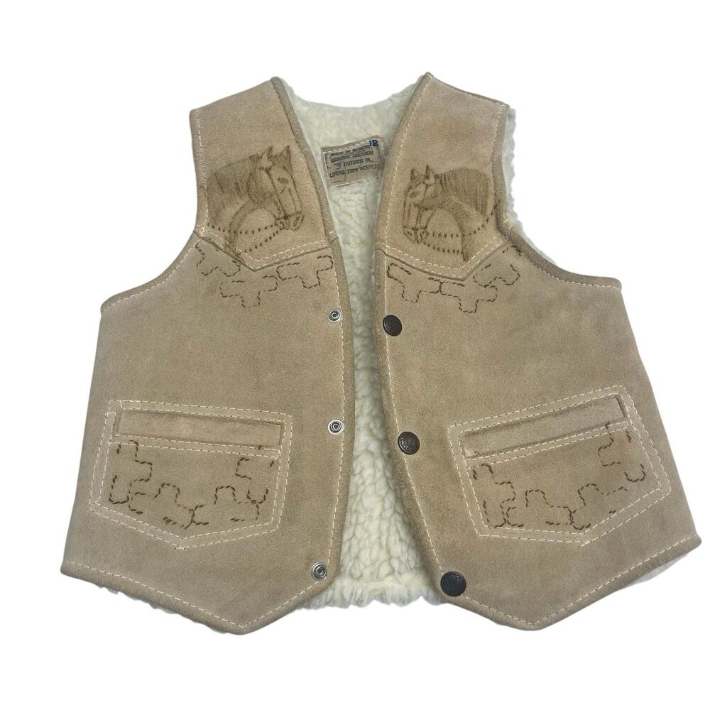 Children's Western Leather Vest Size 2T-5T Horse Suede Sherpa Lined Beige Brown
